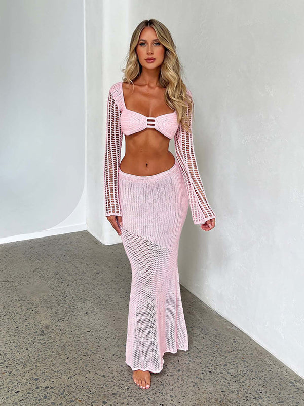 Tie long sleeve hip-hugging casual knitted maxi skirt suit