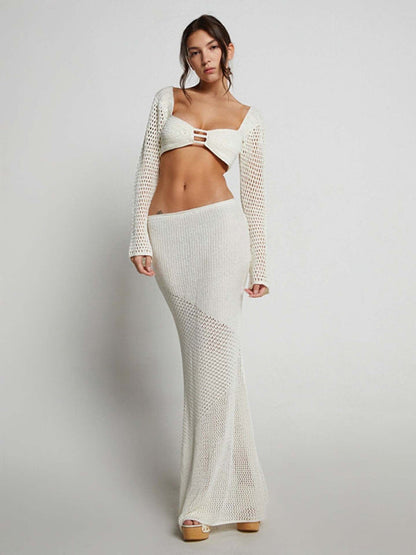 Tie long sleeve hip-hugging casual knitted maxi skirt suit