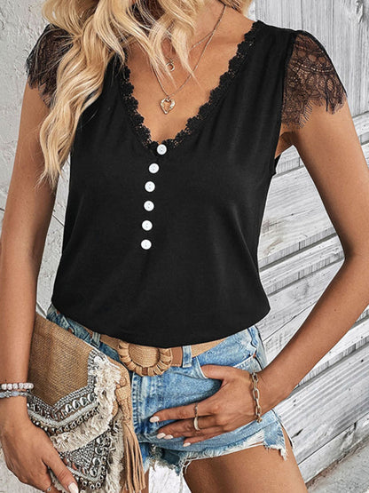 Nouveau haut en dentelle patchwork à manches courtes et col en v pour femmes 
