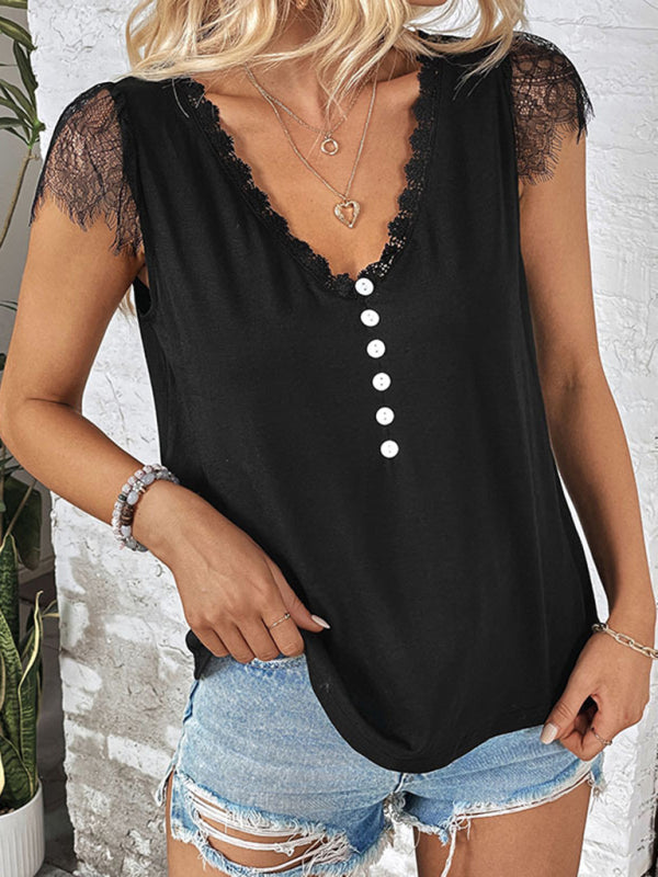 Nouveau haut en dentelle patchwork à manches courtes et col en v pour femmes 