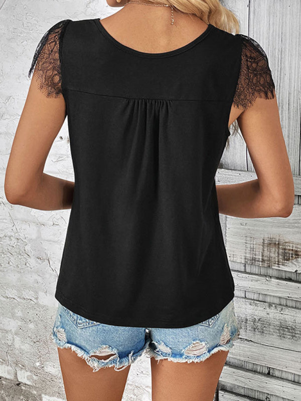 Nouveau haut en dentelle patchwork à manches courtes et col en v pour femmes 