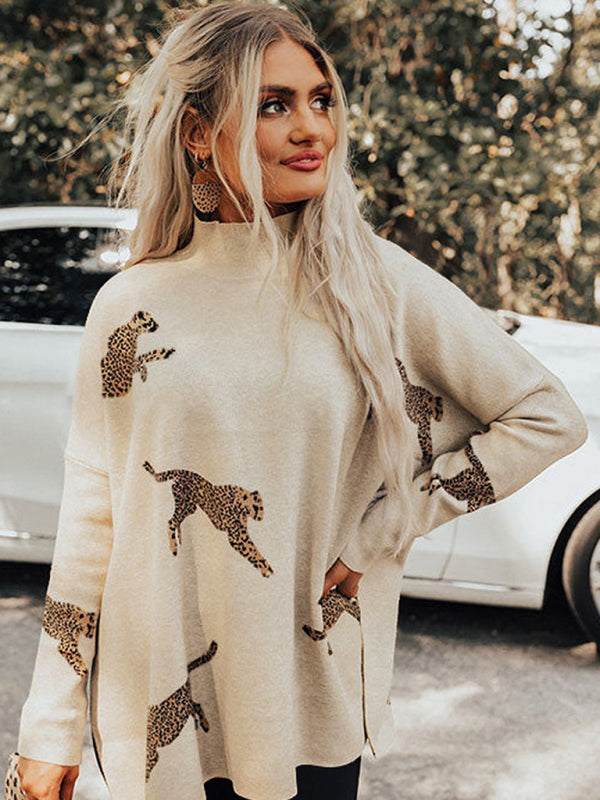 Leopard print hem slit turtleneck sweater, front view