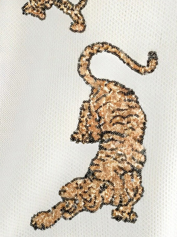 Lässiger V-Ausschnitt-Pullover mit Tiger-Pailletten-Print und Raw Edge für Damen 