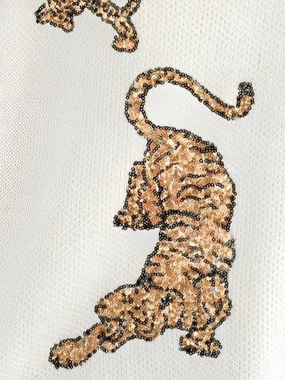 Lässiger V-Ausschnitt-Pullover mit Tiger-Pailletten-Print und Raw Edge für Damen 