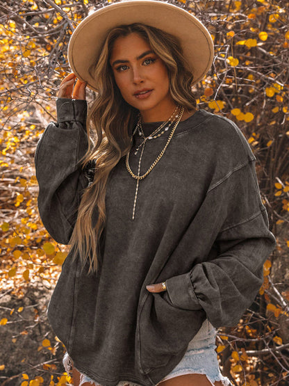 Schlichter Pullover für Damen mit Rundhalsausschnitt, lockeres Langarmshirt 