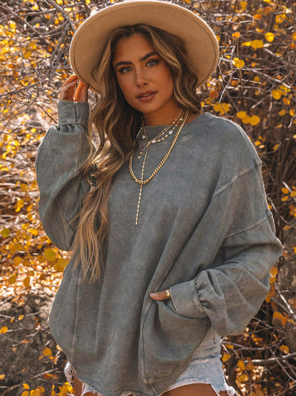 Schlichter Pullover für Damen mit Rundhalsausschnitt, lockeres Langarmshirt 