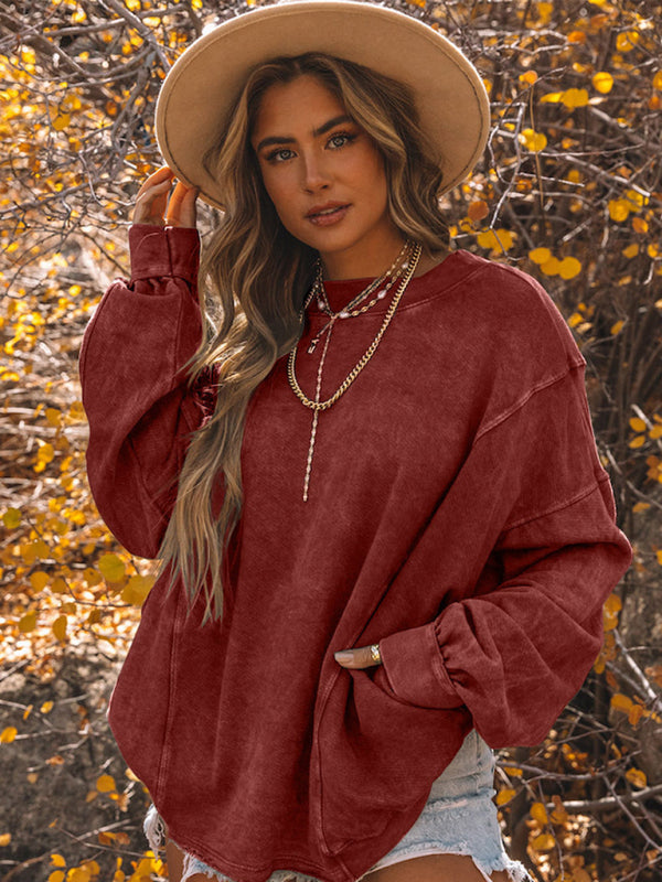 Schlichter Pullover für Damen mit Rundhalsausschnitt, lockeres Langarmshirt 
