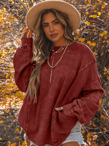 Schlichter Pullover für Damen mit Rundhalsausschnitt, lockeres Langarmshirt 