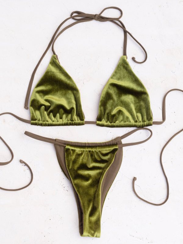 Damen-Bikini-Badeanzug aus goldenem Samt, einfarbig 