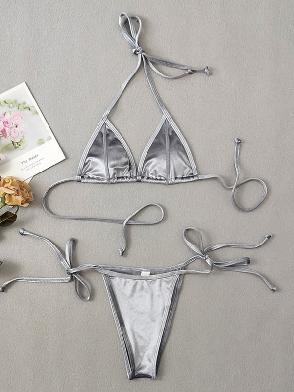 Sexy und eleganter Trägerbikini aus goldenem Samt für Damen 