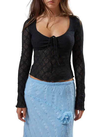 Black lace slim fit shirt with blue skirt