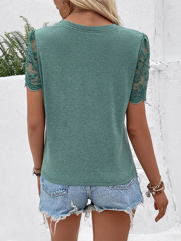 Damen T-Shirt mit Rundhalsausschnitt, Ärmeln, Patchwork und Spitze 