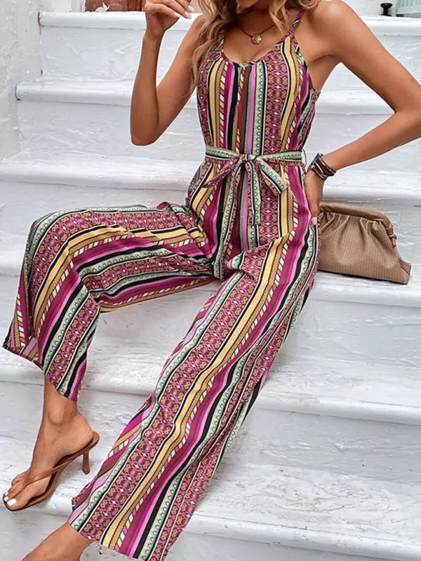 Colorful bohemian suspender jumpsuit with stripes