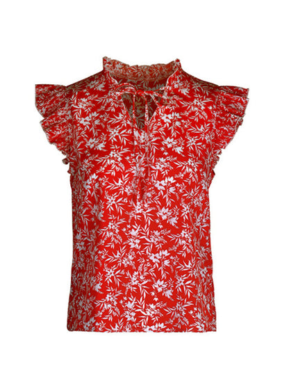Nouvelle chemise à manches courtes à volants imprimée rouge pour femme 