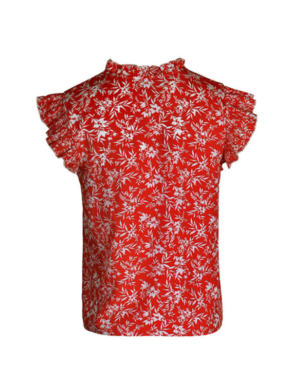 Neues, rot bedrucktes, kurzärmliges Damenhemd mit Rüschen 