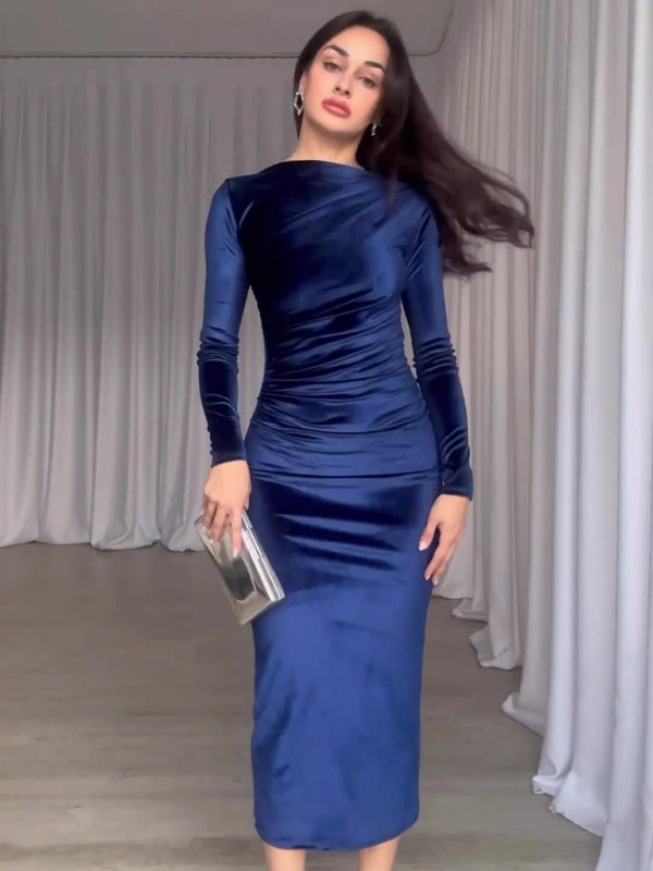 Robe plissée à manches longues et col rond, couleur unie, nouvelle mode 
