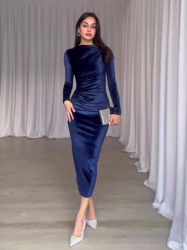 Robe plissée à manches longues et col rond, couleur unie, nouvelle mode 