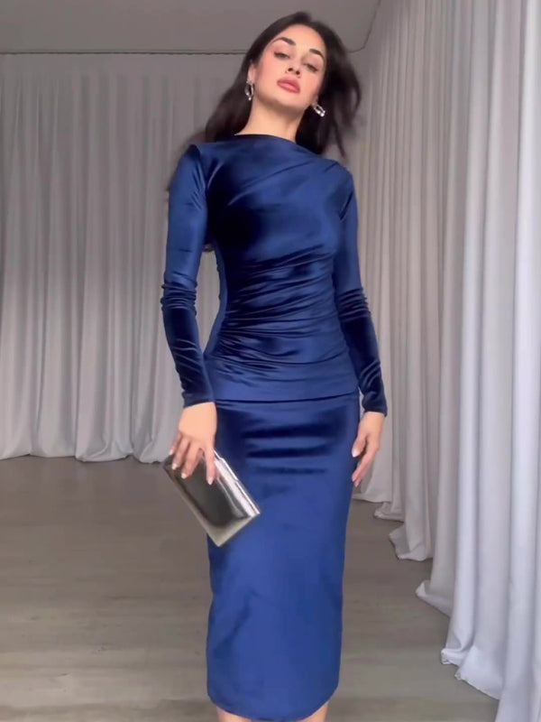 Robe plissée à manches longues et col rond, couleur unie, nouvelle mode 