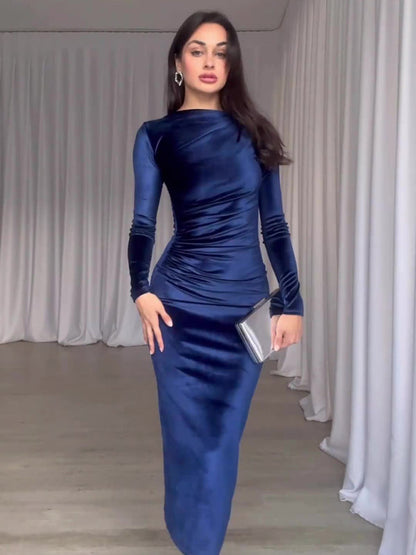 Robe plissée à manches longues et col rond, couleur unie, nouvelle mode 