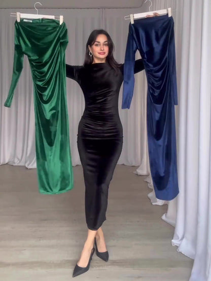 Robe plissée à manches longues et col rond, couleur unie, nouvelle mode 