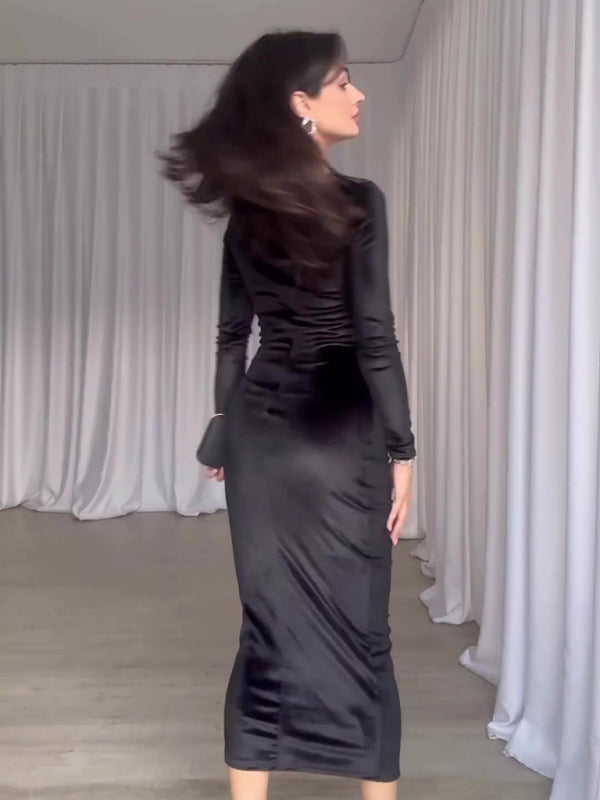 Robe plissée à manches longues et col rond, couleur unie, nouvelle mode 