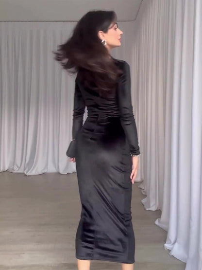 Robe plissée à manches longues et col rond, couleur unie, nouvelle mode 
