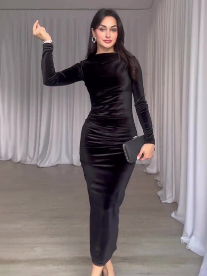 Robe plissée à manches longues et col rond, couleur unie, nouvelle mode 