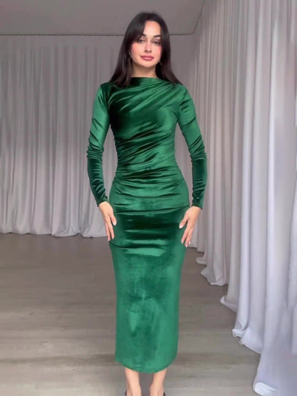 Robe plissée à manches longues et col rond, couleur unie, nouvelle mode 