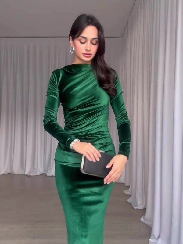 Robe plissée à manches longues et col rond, couleur unie, nouvelle mode 
