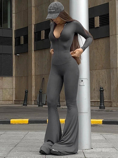 Long sleeve fashionable bell pants slim fit hottie jumpsuit