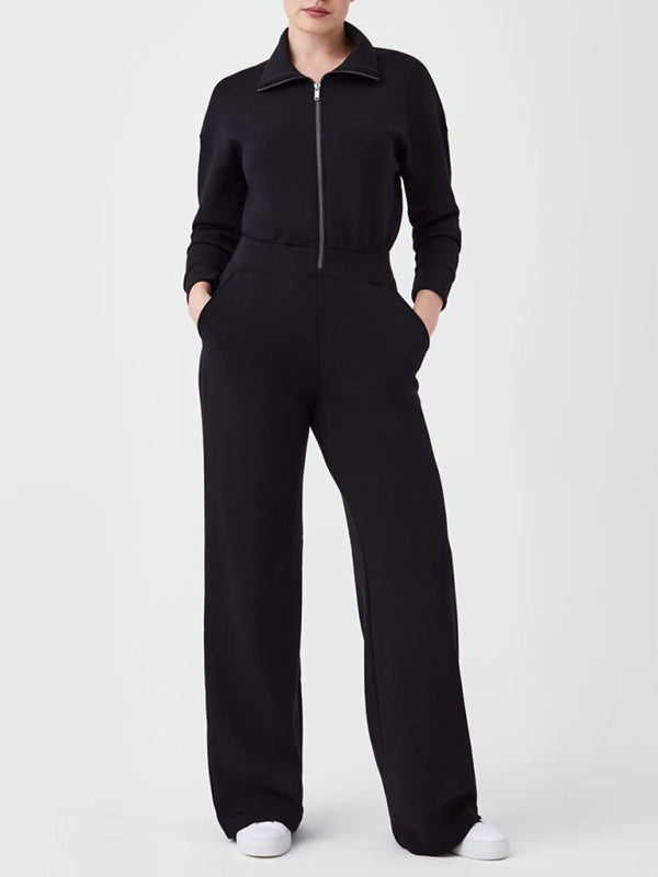 Black long sleeve lapel zipper wide leg jumpsuit