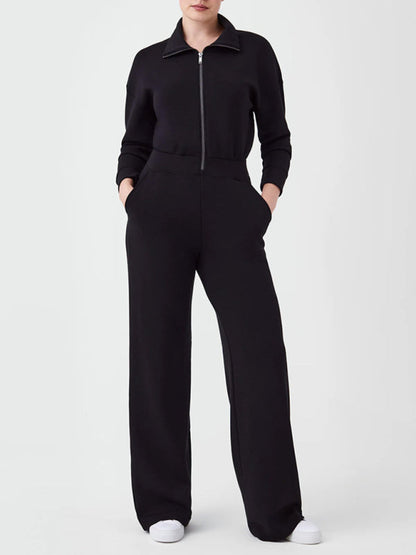 Langärmliger Jumpsuit mit Revers und Reißverschluss für Damen mit weitem Bein 