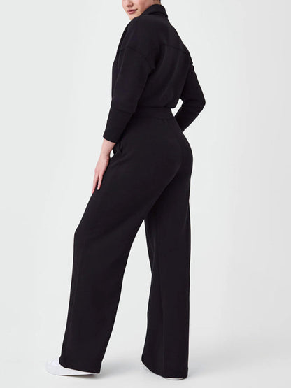 Langärmliger Jumpsuit mit Revers und Reißverschluss für Damen mit weitem Bein 