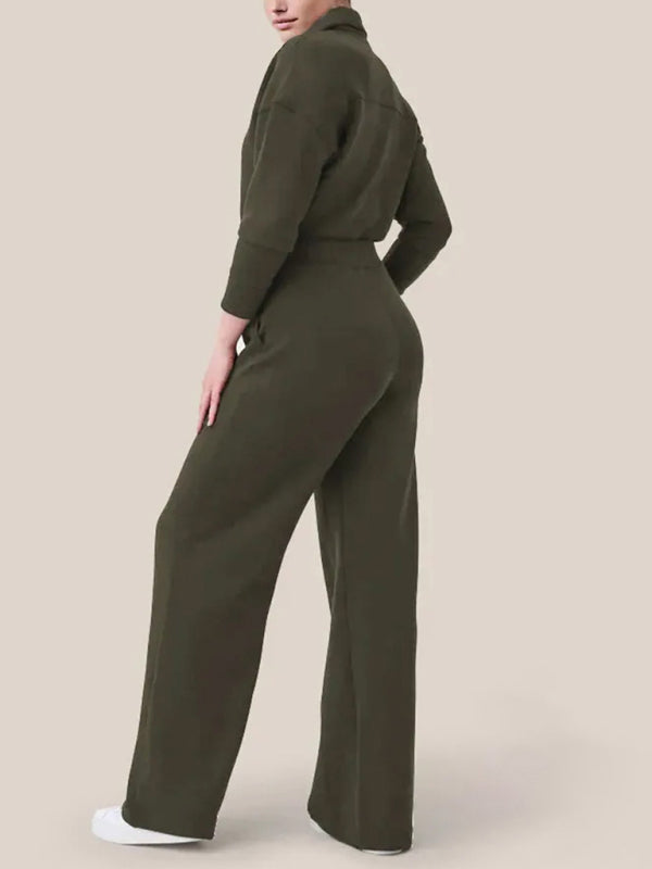 Langärmliger Jumpsuit mit Revers und Reißverschluss für Damen mit weitem Bein 