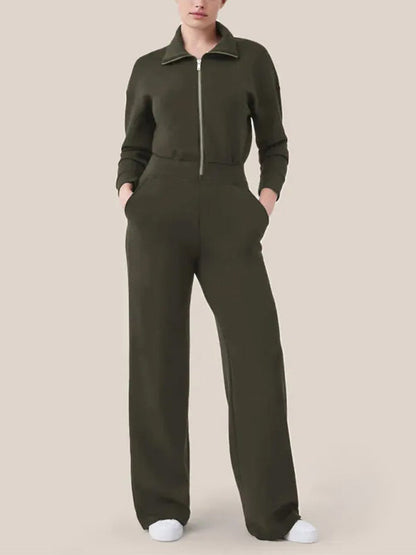 Langärmliger Jumpsuit mit Revers und Reißverschluss für Damen mit weitem Bein 