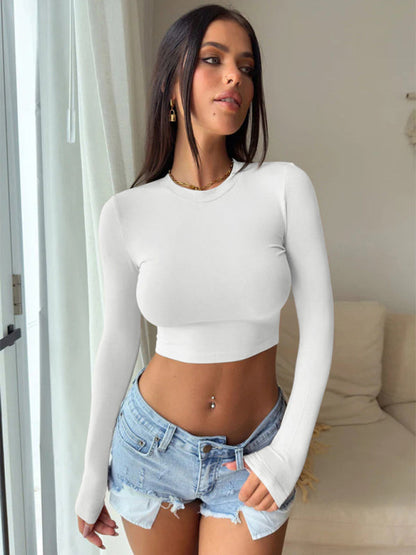 Neues, eng anliegendes, superkurzes Langarm-T-Shirt für Damen mit nabelfreiem Hot-Girl-Outfit 