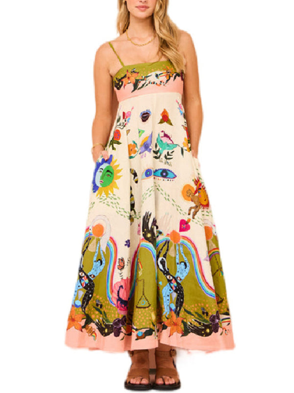 Robe trapèze Sexy en coton et lin pour femmes, bretelles, imprimé Graffiti, sans manches, nouvelle collection 