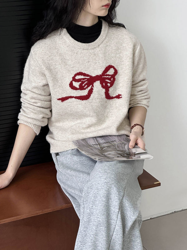 Pull tricoté décontracté à col rond et nœud pour femme, nouvelle collection 
