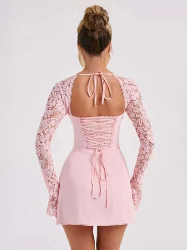 Robe française sexy en dentelle, coupe ajustée, dos nu, manches longues 