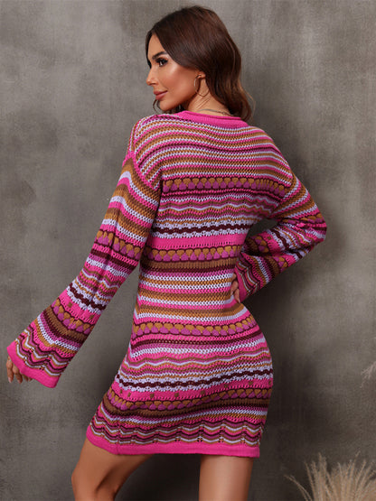 Robe longue tricotée à rayures et patchwork ajouré pour femmes 