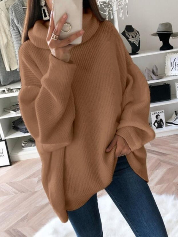Camel loose turtleneck sweater on person