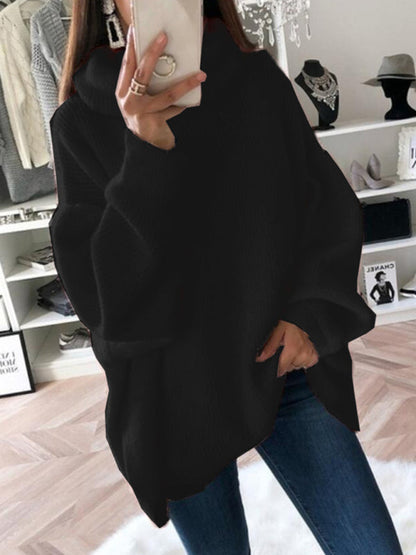 Black loose turtleneck sweater on person