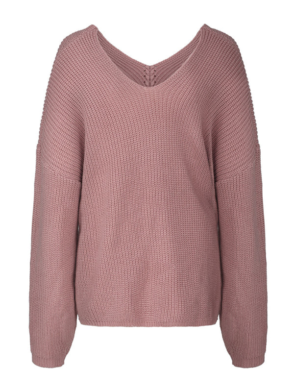 Front view of pink V-neck pullover sweater