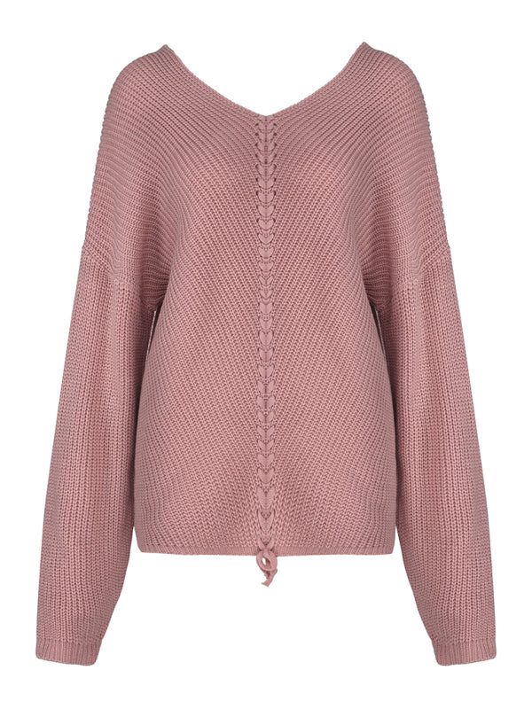 Pink V-neck sweater with drawstring detail