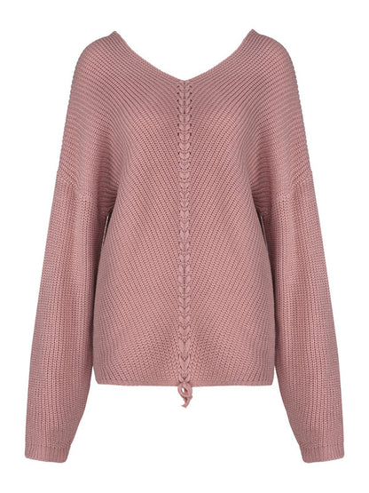 Pink V-neck sweater with drawstring detail