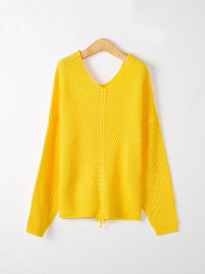 Yellow loose V-neck drawstring pullover sweater on hanger