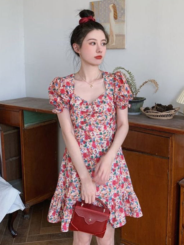 Nouvelle robe florale rétro française pour femmes 