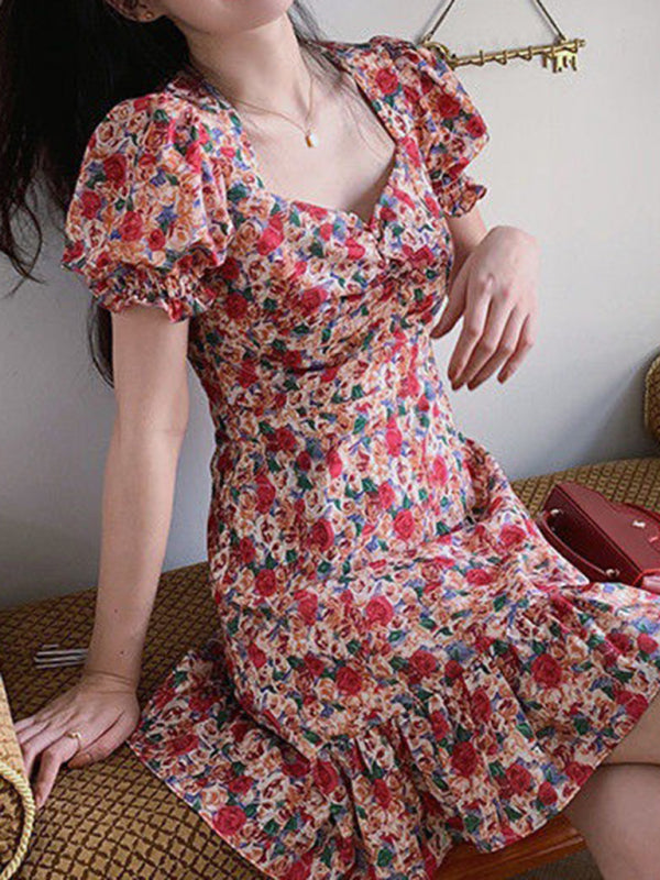 Nouvelle robe florale rétro française pour femmes 