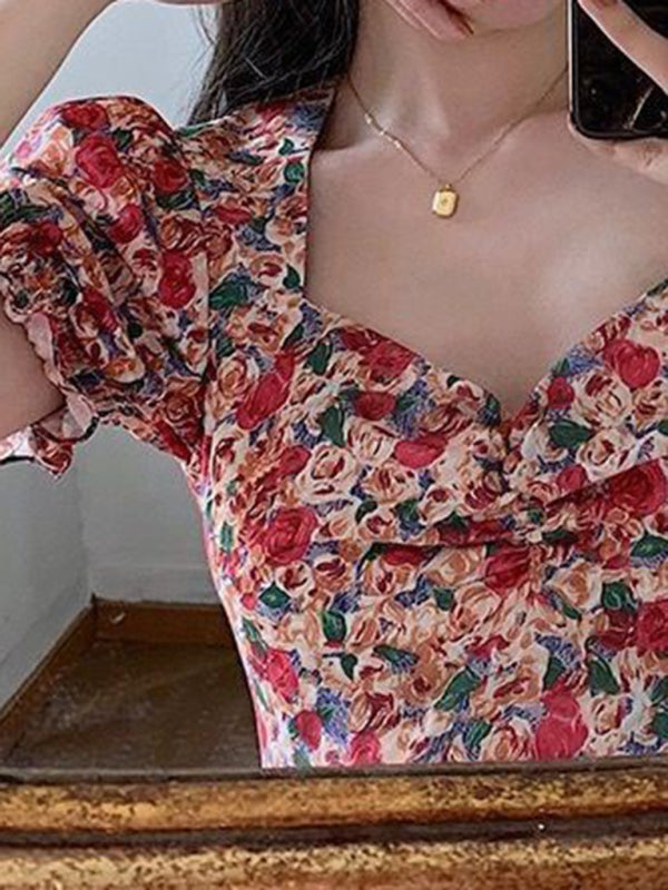 Nouvelle robe florale rétro française pour femmes 