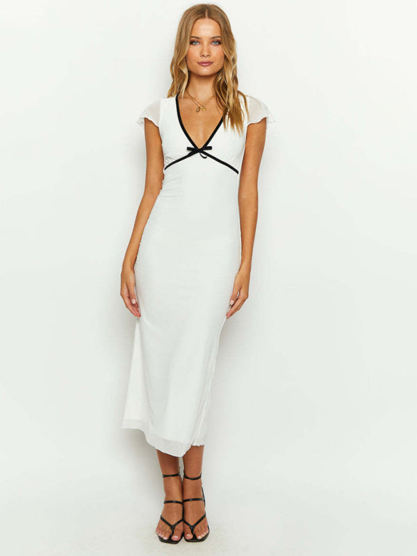 Robe sexy à manches courtes et col en v, coupe basse, bordée d&